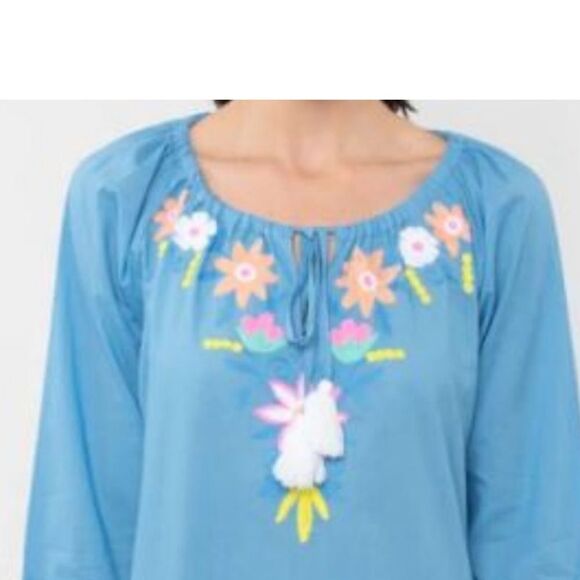 Debbie Katz South Beach Blue Violetta Embroidered Floral Tunic 100% Cotton Sz S - Picture 3 of 13